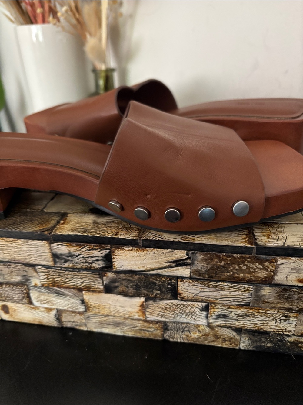 OAK + FORT (6) Square Toe Clog Wooden Mules Low Heel Metal Rivets Sandals Russet - Picture 8 of 16
